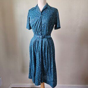 Vintage 50s 60s Colonial Jerseys Knit Blue Floral Nylon Day Dress with Belt S/M